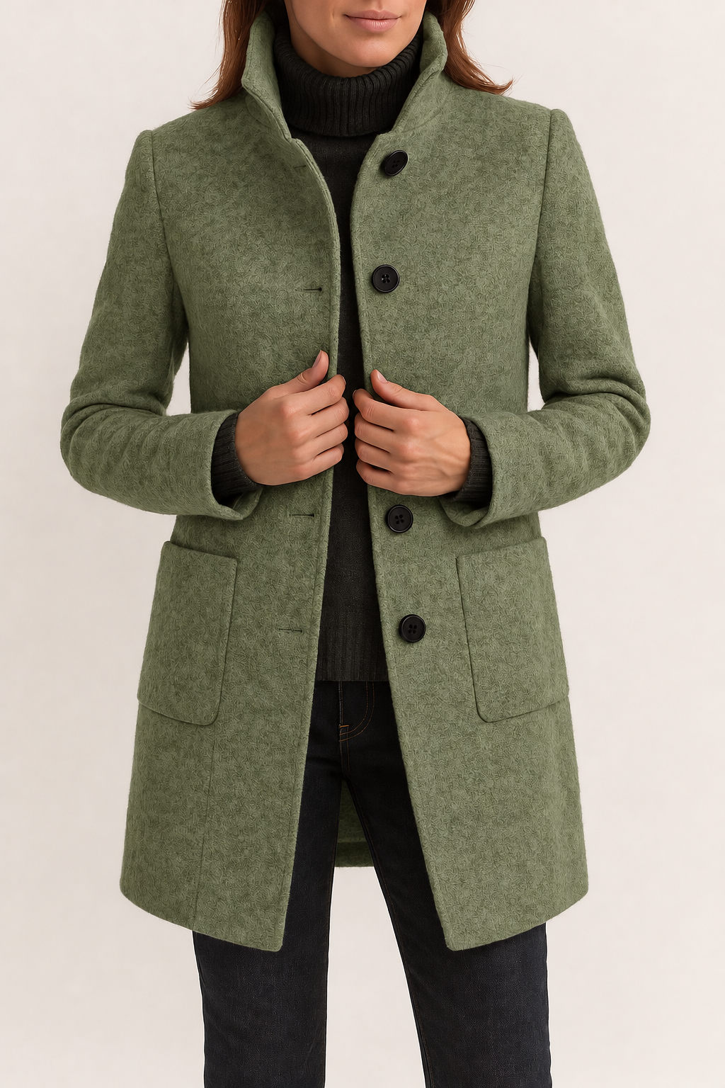 Women's High-Neck Coat with Patch Pockets, Light Green, view 9