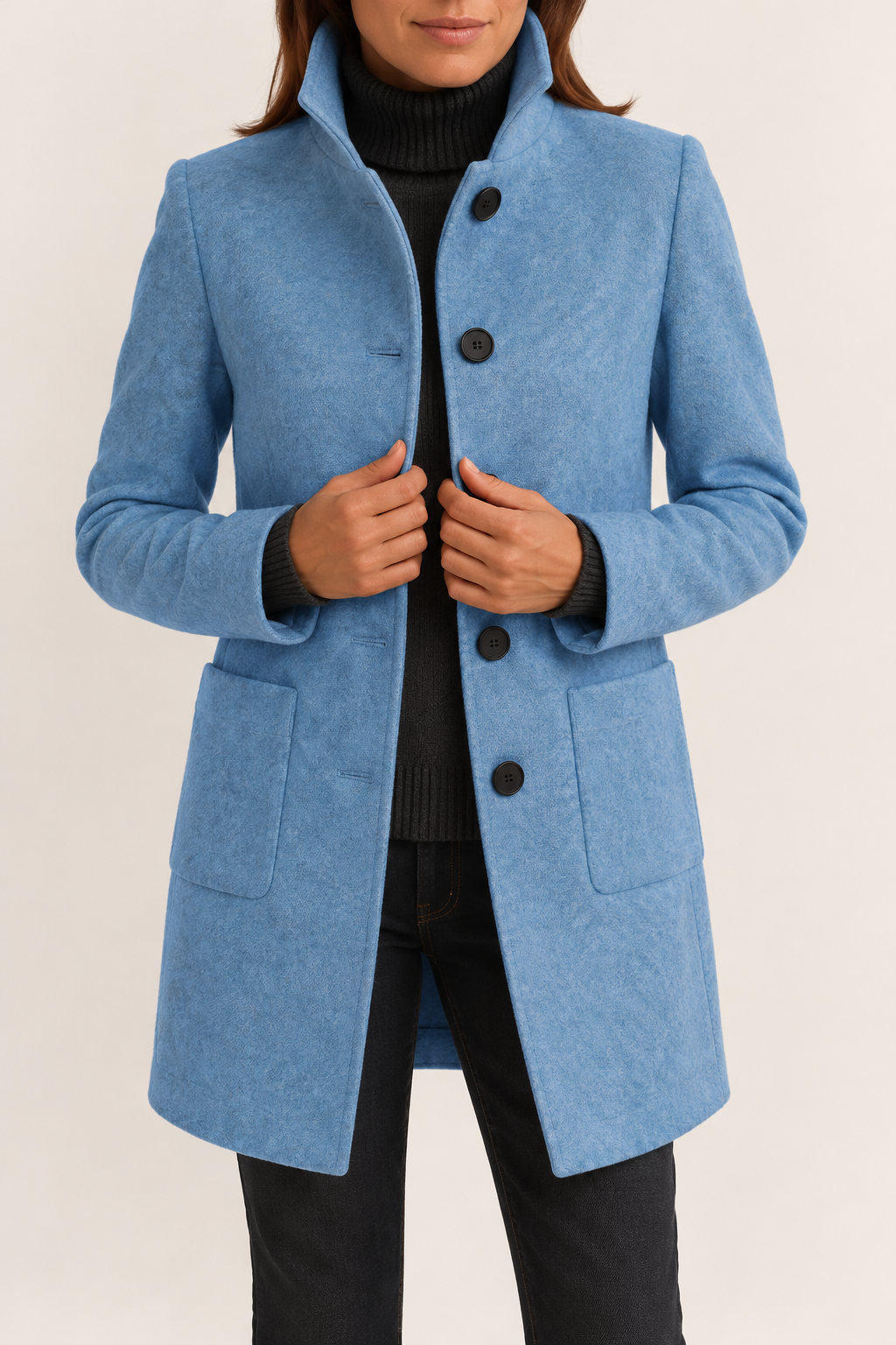 Women's High-Neck Coat with Patch Pockets, Light Blue, view 10