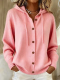 Women's Hooded Knit Cardigan with Drawstring, Pink, view 1