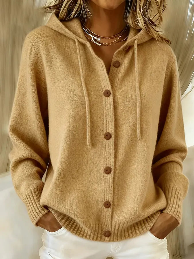 Women's Hooded Knit Cardigan with Drawstring, Khaki, view 3