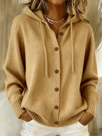 Women's Hooded Knit Cardigan with Drawstring, Khaki, view 3