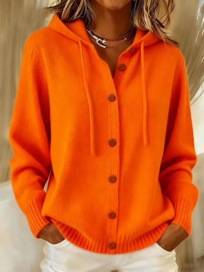 Women's Hooded Knit Cardigan with Drawstring, Orange, view 4