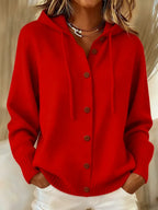 Women's Hooded Knit Cardigan with Drawstring, Red, view 5