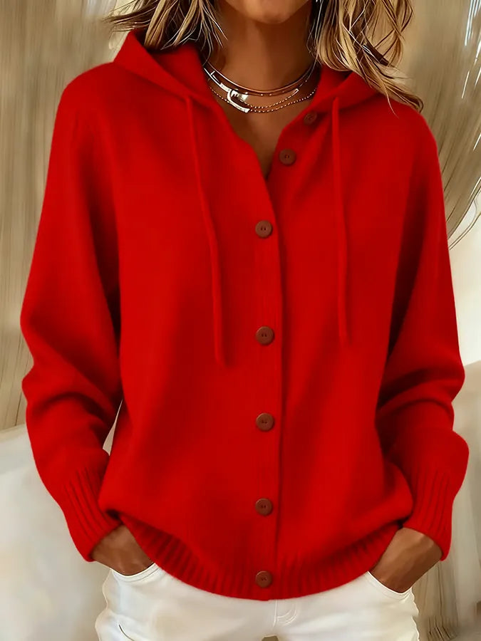 Women's Hooded Knit Cardigan with Drawstring, Red, view 5