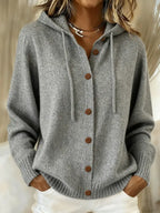 Women's Hooded Knit Cardigan with Drawstring, Grey, view 6