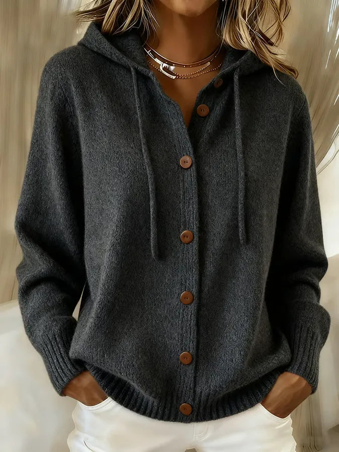 Women's Hooded Knit Cardigan with Drawstring, Black, view 7