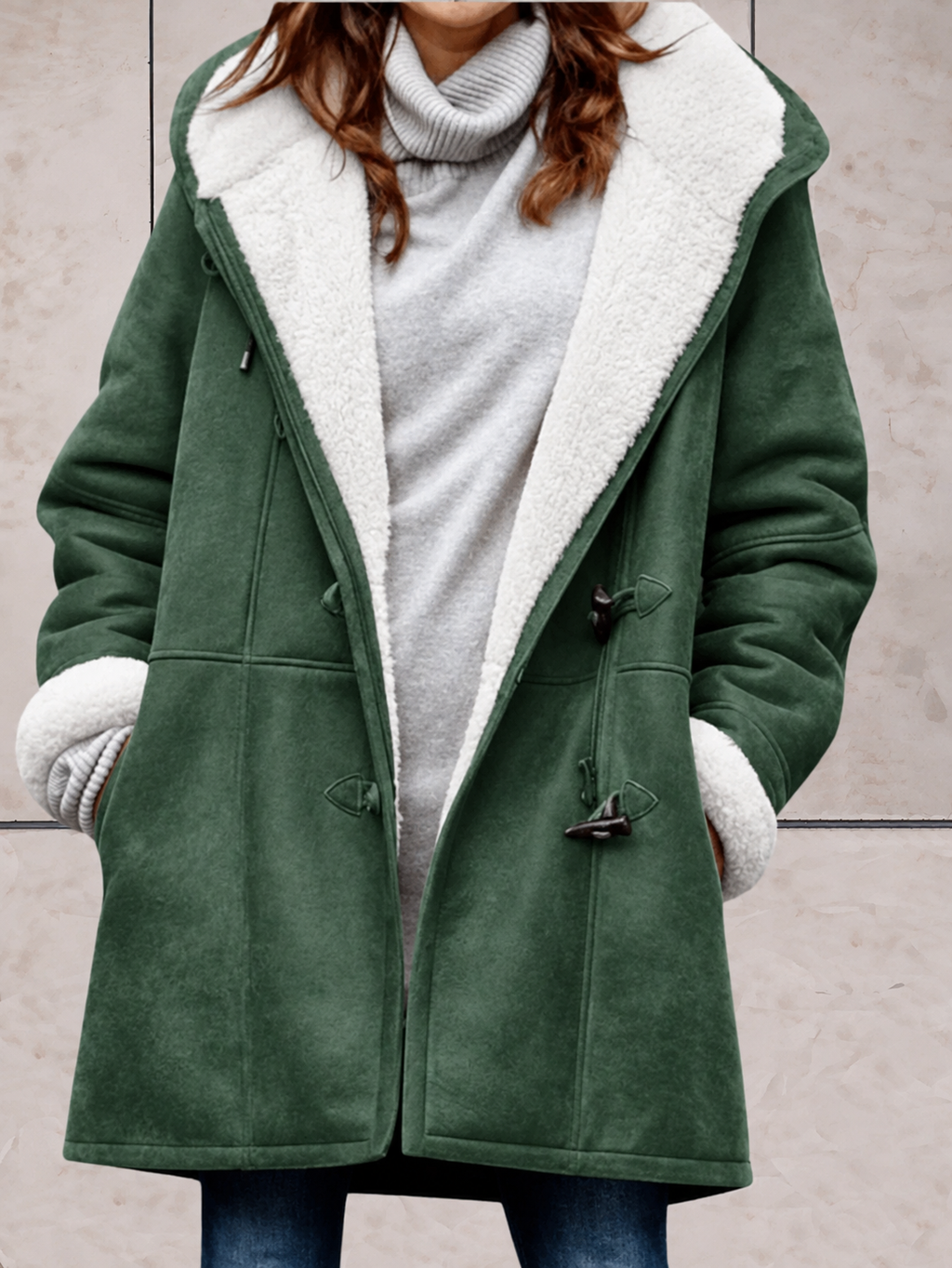 Women's Hooded Faux-Suede Coat with Toggle Fastenings, Olive Green, view 1