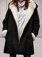 Women's Hooded Faux-Suede Coat with Toggle Fastenings, Black, view 2