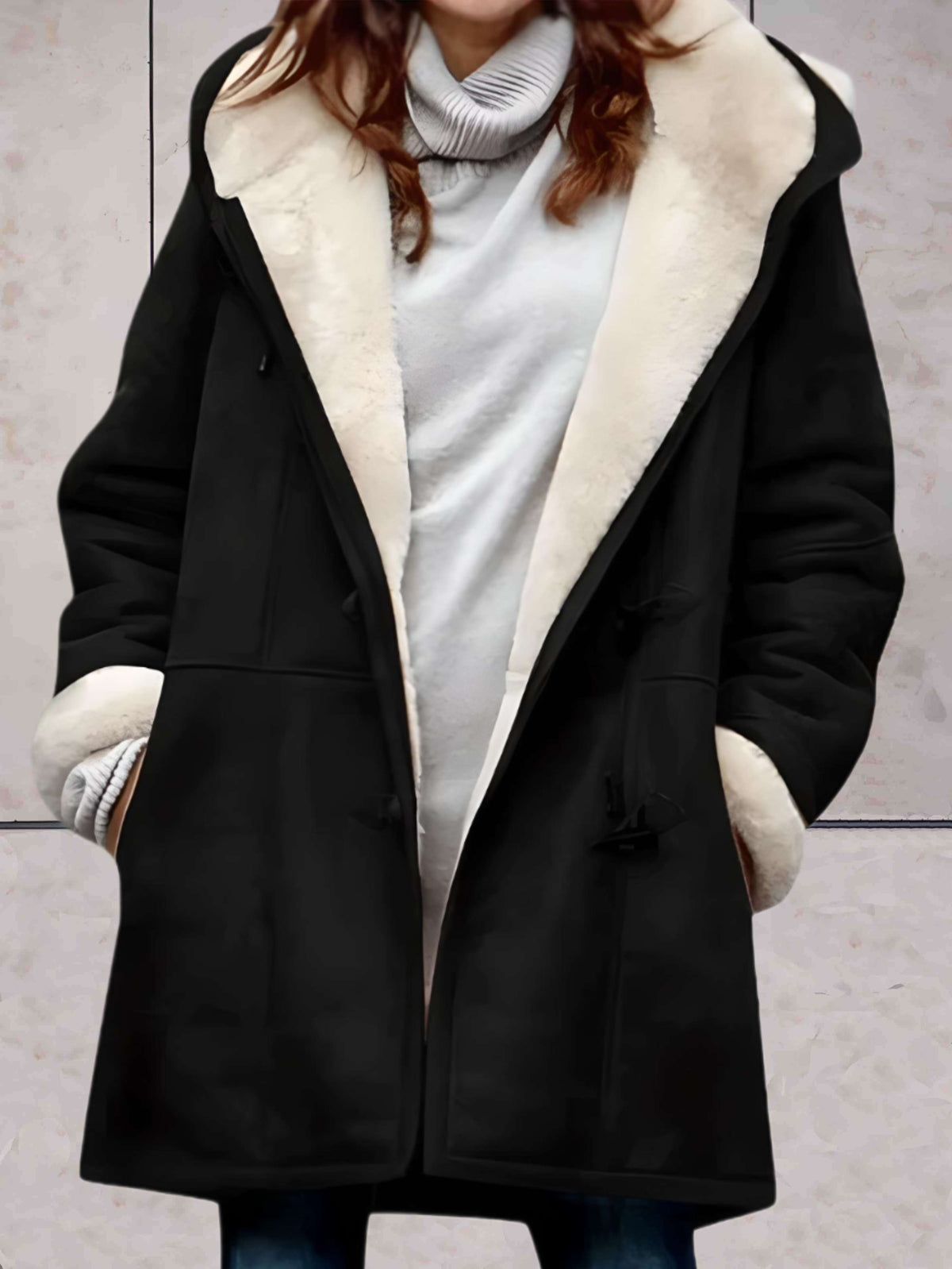 Women's Hooded Faux-Suede Coat with Toggle Fastenings, Black, view 2