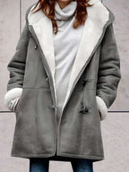 Women's Hooded Faux-Suede Coat with Toggle Fastenings, Grey, view 3