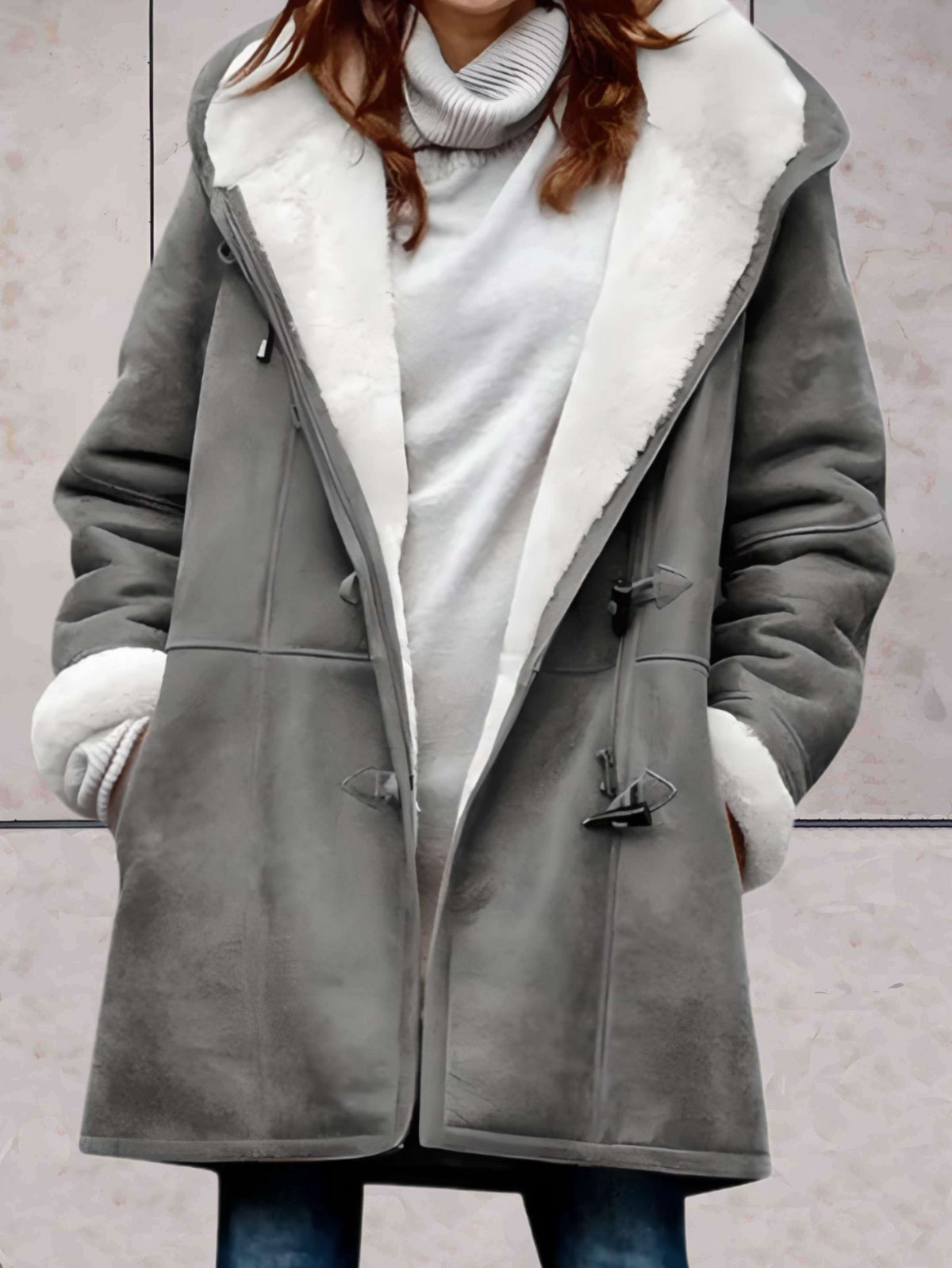 Women's Hooded Faux-Suede Coat with Toggle Fastenings, Grey, view 3