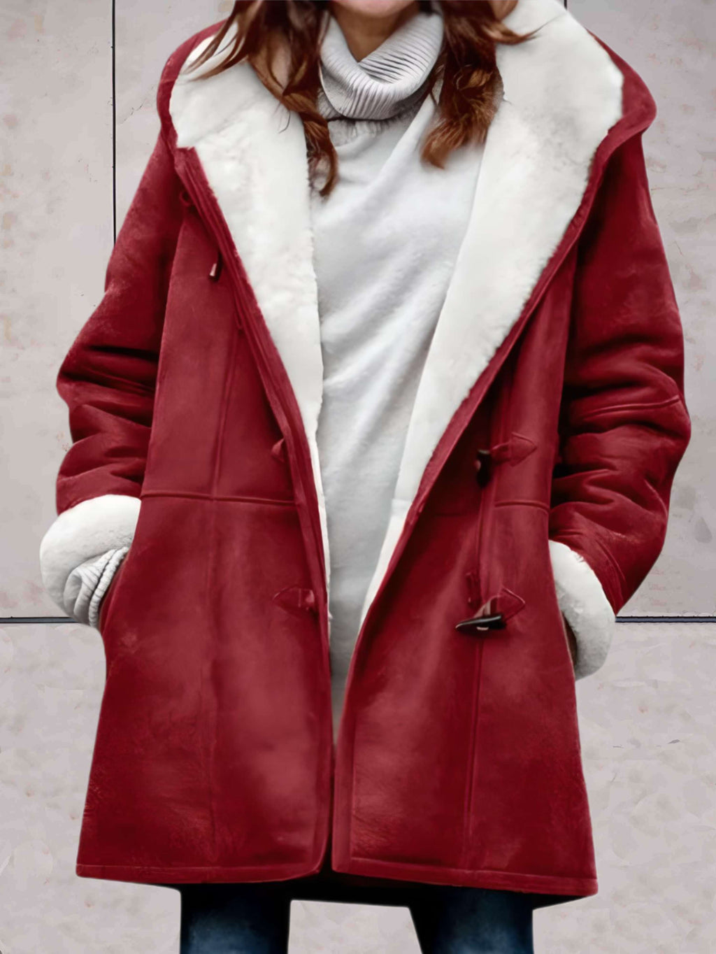 Women's Hooded Faux-Suede Coat with Toggle Fastenings, Wine Red, view 4