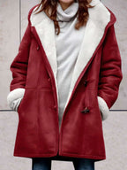 Women's Hooded Faux-Suede Coat with Toggle Fastenings, Wine Red, view 4