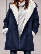 Women's Hooded Faux-Suede Coat with Toggle Fastenings, Blue, view 5