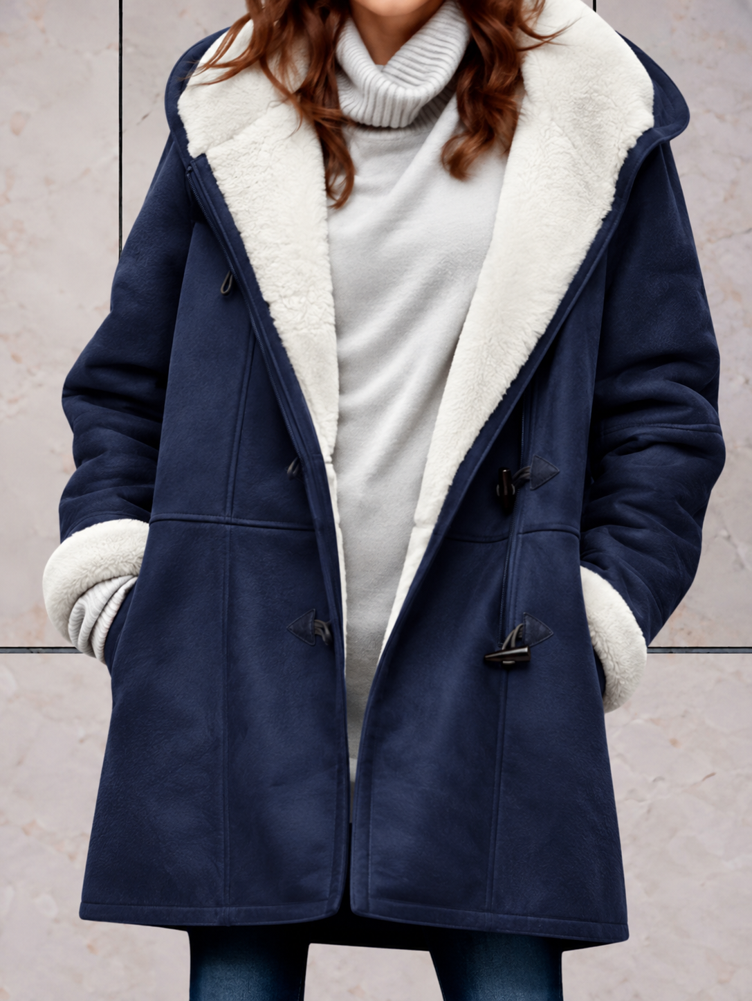 Women's Hooded Faux-Suede Coat with Toggle Fastenings, Blue, view 5