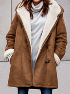 Women's Hooded Faux-Suede Coat with Toggle Fastenings, Brown, view 6