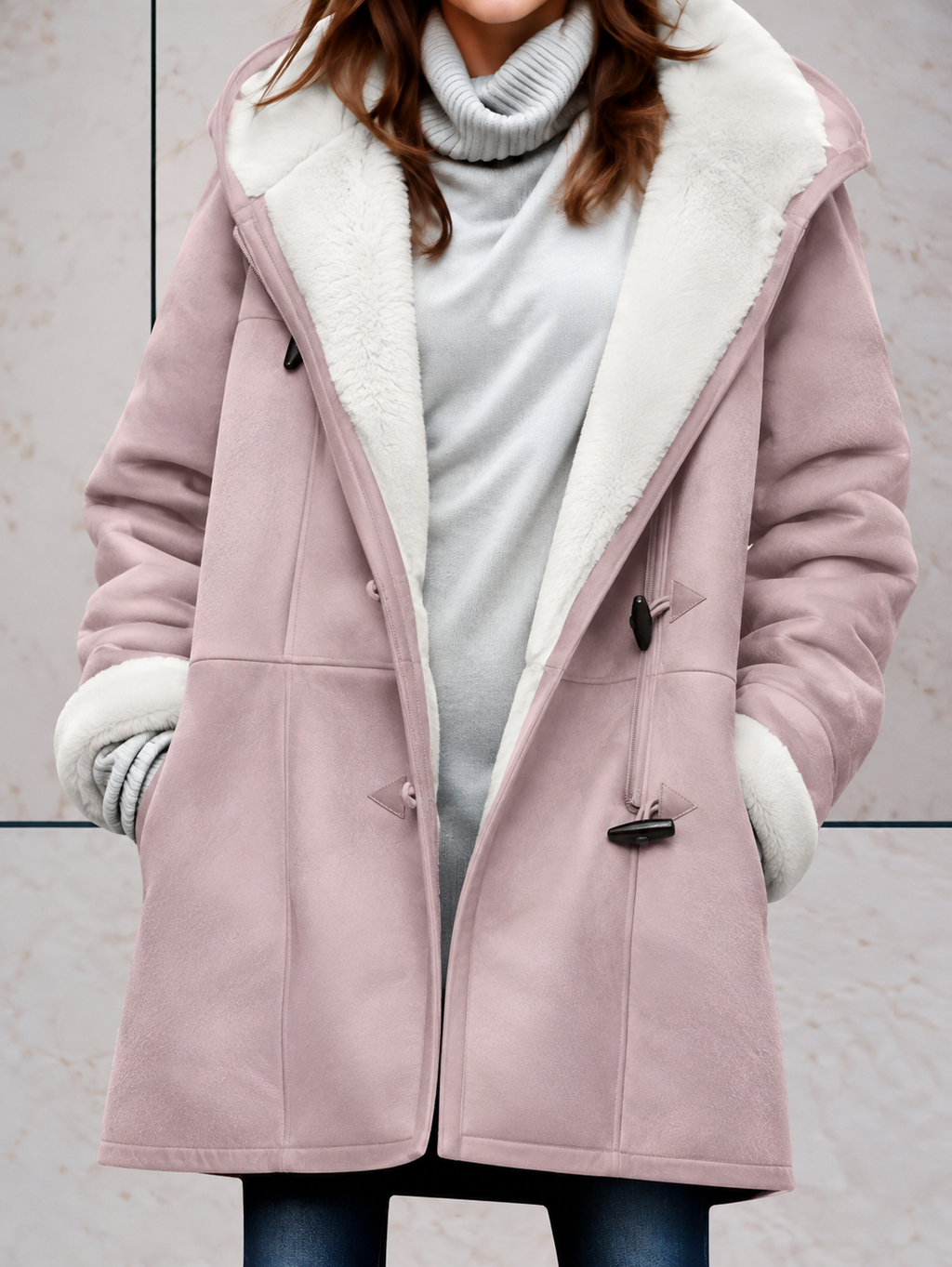 Women's Hooded Faux-Suede Coat with Toggle Fastenings, Pink, view 7