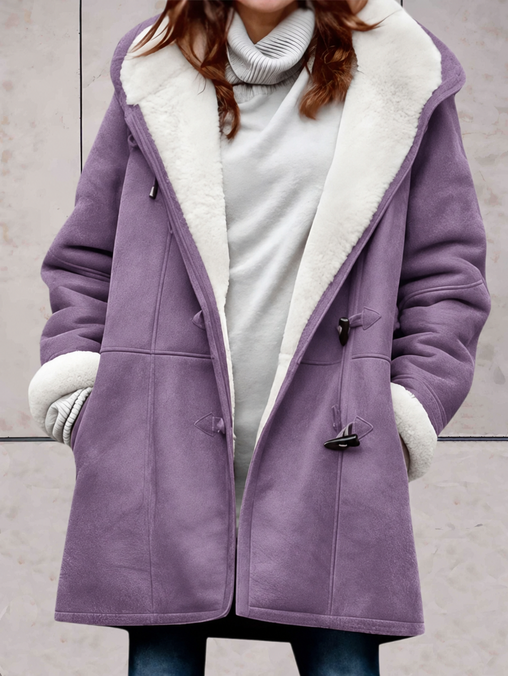 Women's Hooded Faux-Suede Coat with Toggle Fastenings, Purple, view 8