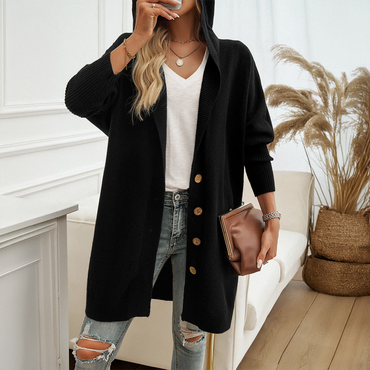 Women's Hooded Knit Cardigan with Button Front, Black, view 2