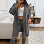 Women's Hooded Knit Cardigan with Button Front, Dark grey, view 3