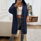 Women's Hooded Knit Cardigan with Button Front, Navy Blue, view 5