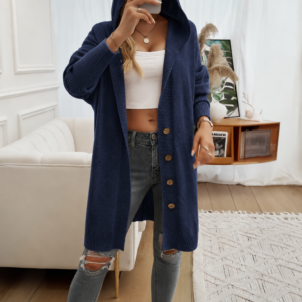 Women's Hooded Knit Cardigan with Button Front, Navy Blue, view 5