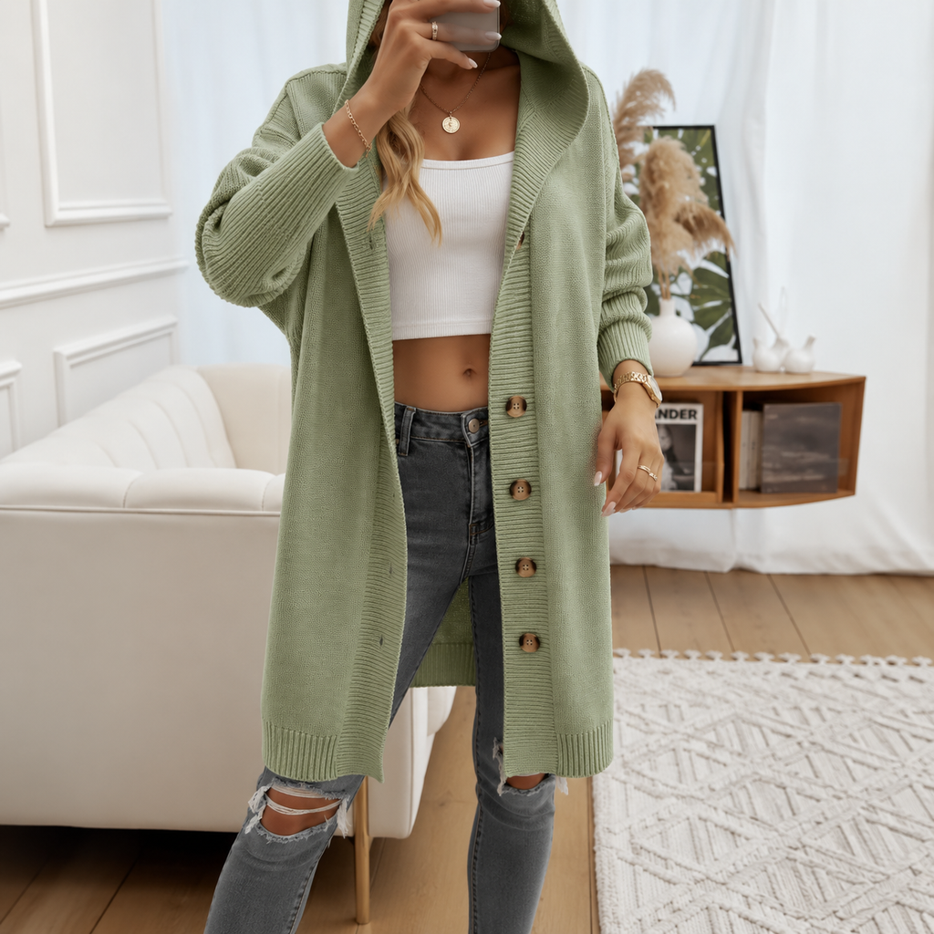 Women's Hooded Knit Cardigan with Button Front, Green, view 6