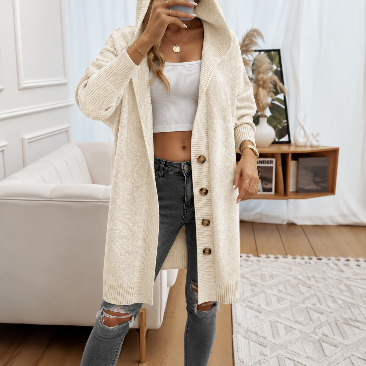 Women's Hooded Knit Cardigan with Button Front, White, view 7