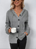 Women's Hooded Knit Cardigan with Contrast Buttons, Grey, view 1