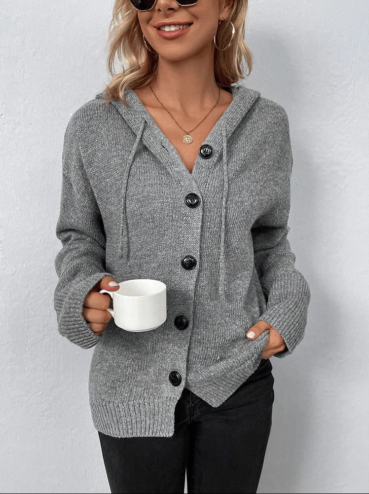 Women's Hooded Knit Cardigan with Contrast Buttons, Grey, view 1