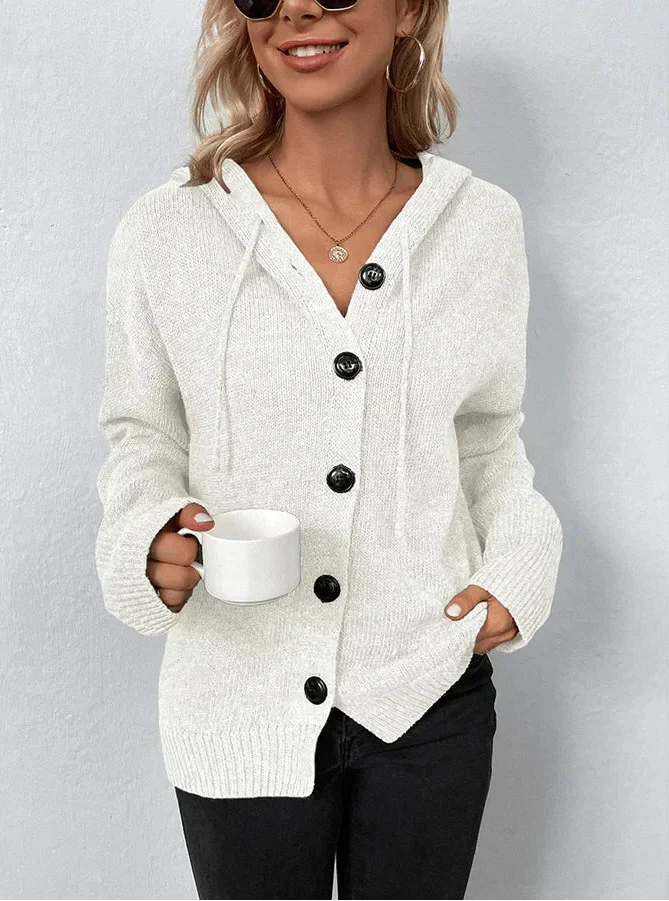 Women's Hooded Knit Cardigan with Contrast Buttons, White, view 2