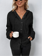 Women's Hooded Knit Cardigan with Contrast Buttons, Black, view 3