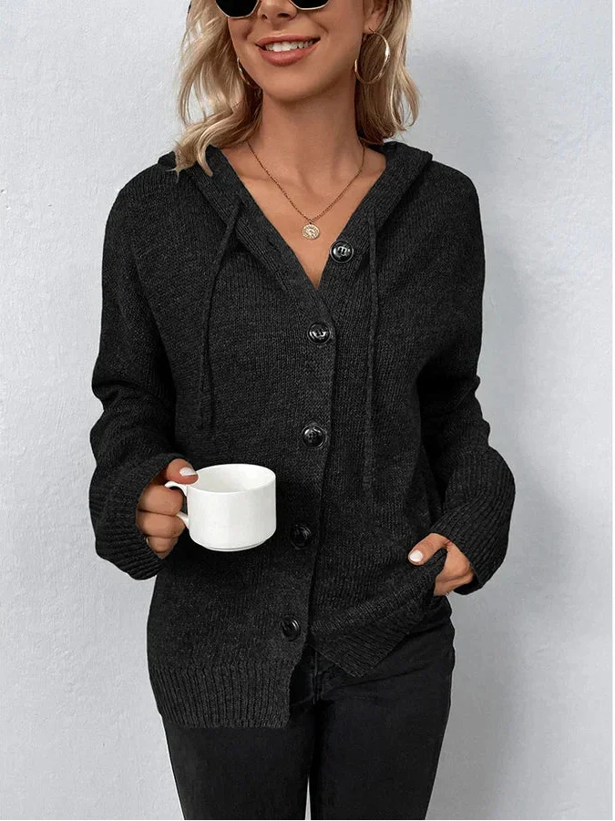 Women's Hooded Knit Cardigan with Contrast Buttons, Black, view 3