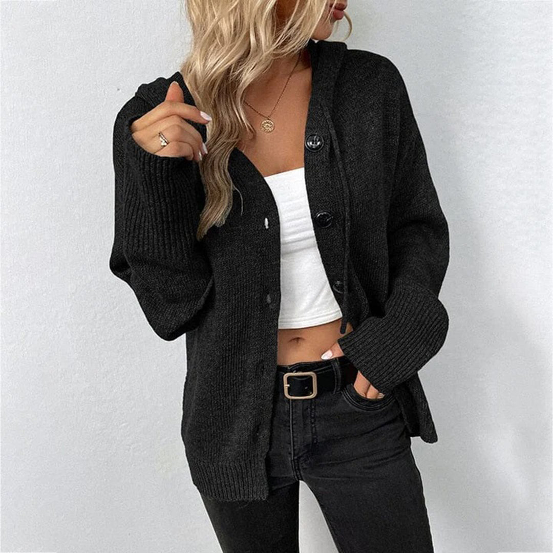 Women's Hooded Knit Cardigan with Statement Buttons, Black, view 5