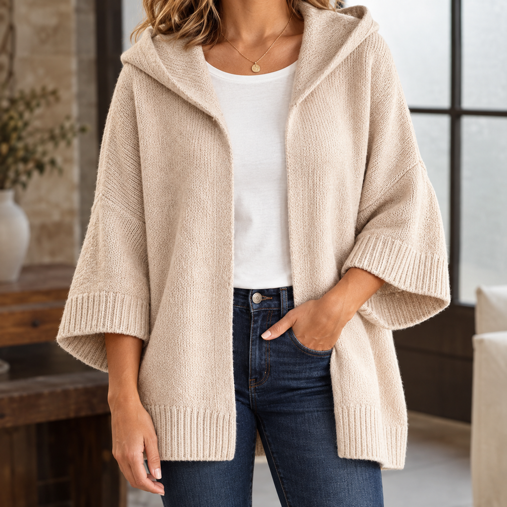Women's Hooded Knit Cardigan with Wide Three-Quarter Sleeves, Beige, view 1