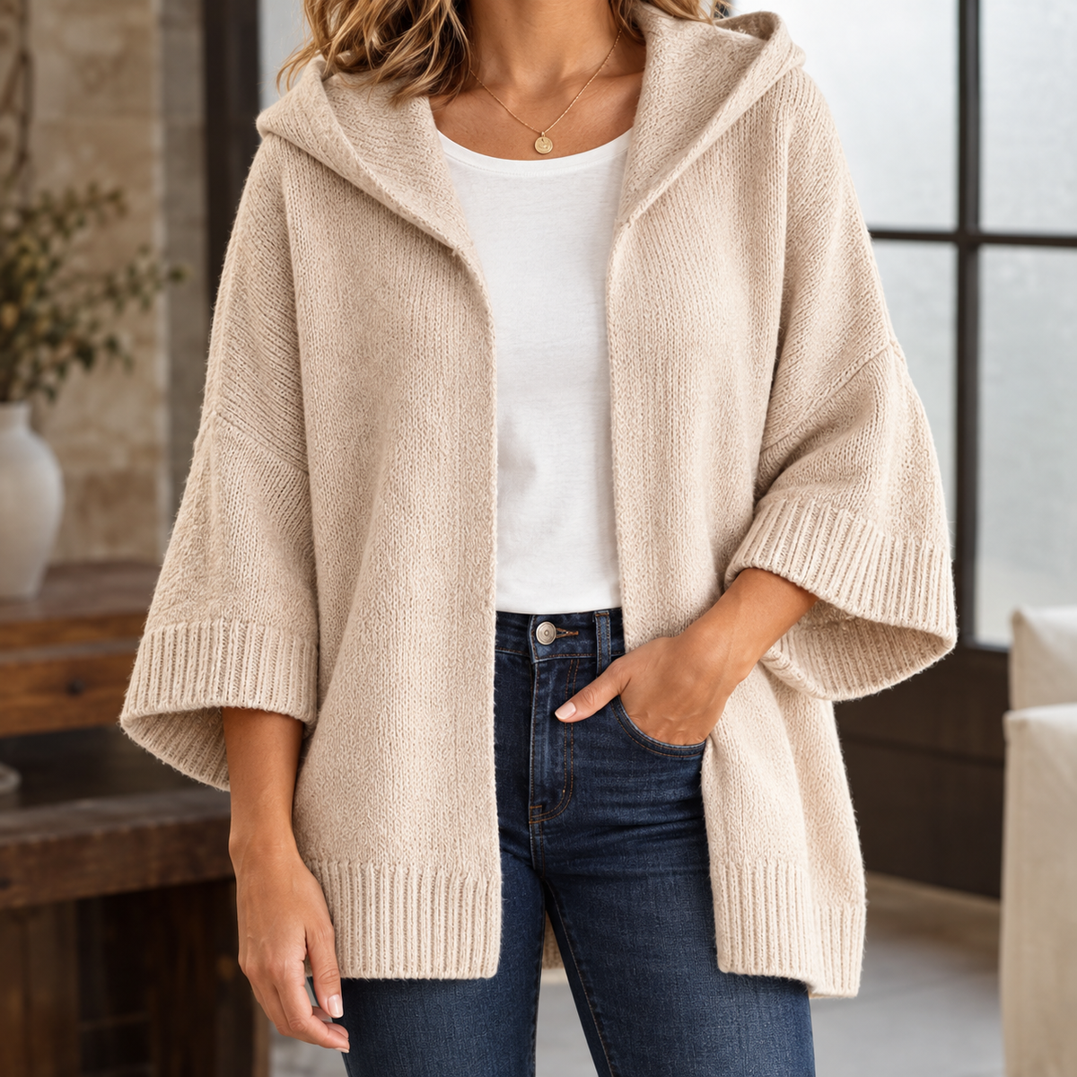 Women's Hooded Knit Cardigan with Wide Three-Quarter Sleeves, Beige, view 1