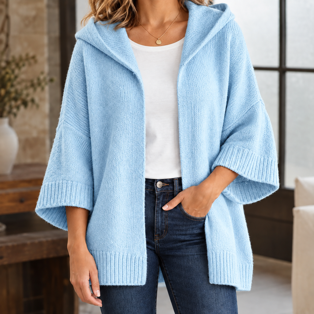 Women's Hooded Knit Cardigan with Wide Three-Quarter Sleeves, Sky Blue, view 2