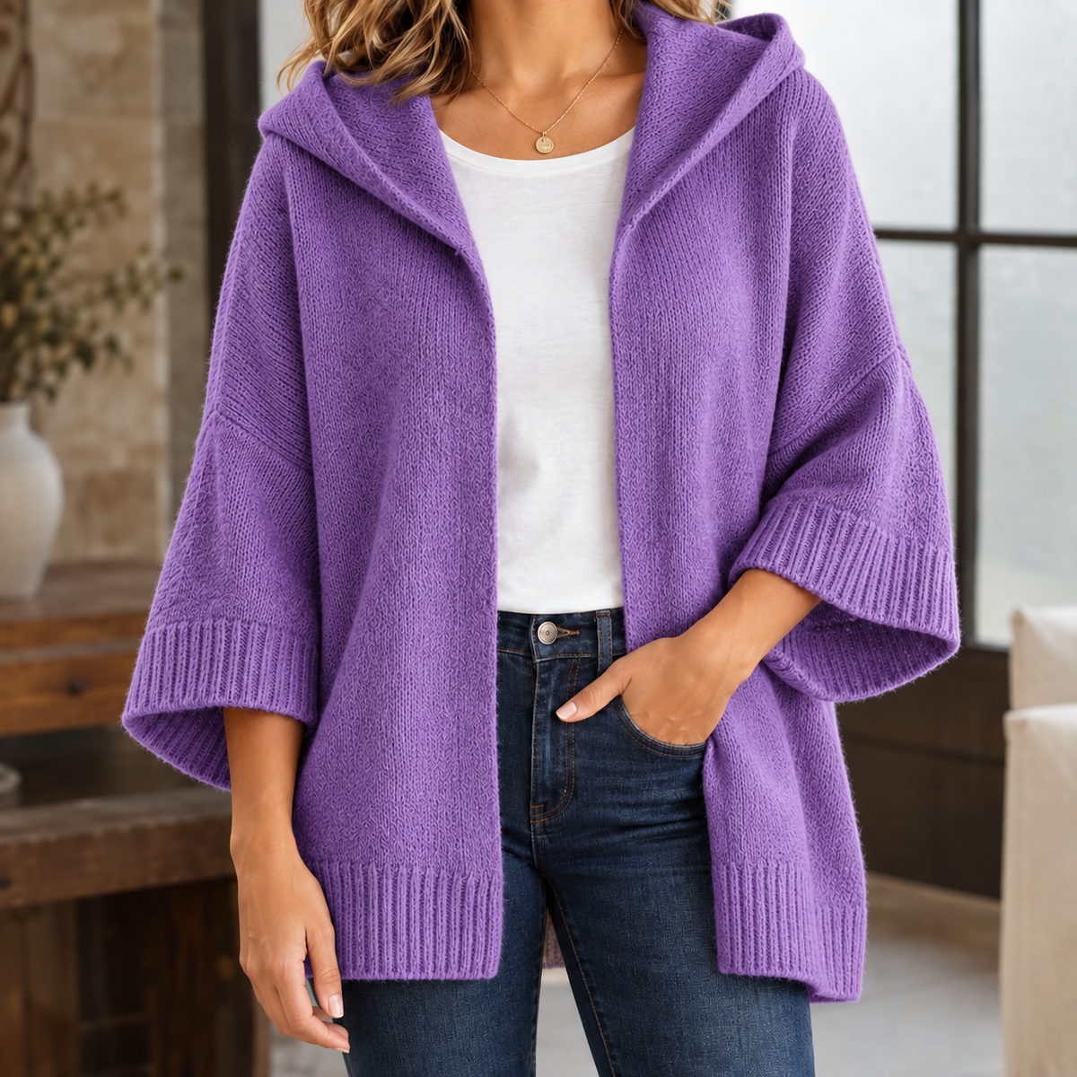 Women's Hooded Knit Cardigan with Wide Three-Quarter Sleeves, Purple, view 3