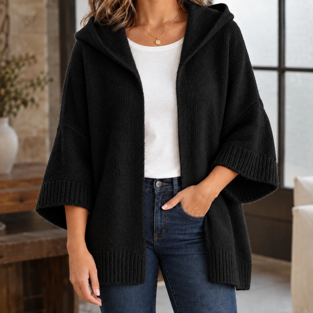 Women's Hooded Knit Cardigan with Wide Three-Quarter Sleeves, Black, view 4
