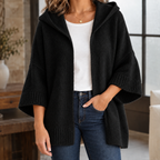 Women's Hooded Knit Cardigan with Wide Three-Quarter Sleeves, Black, view 4