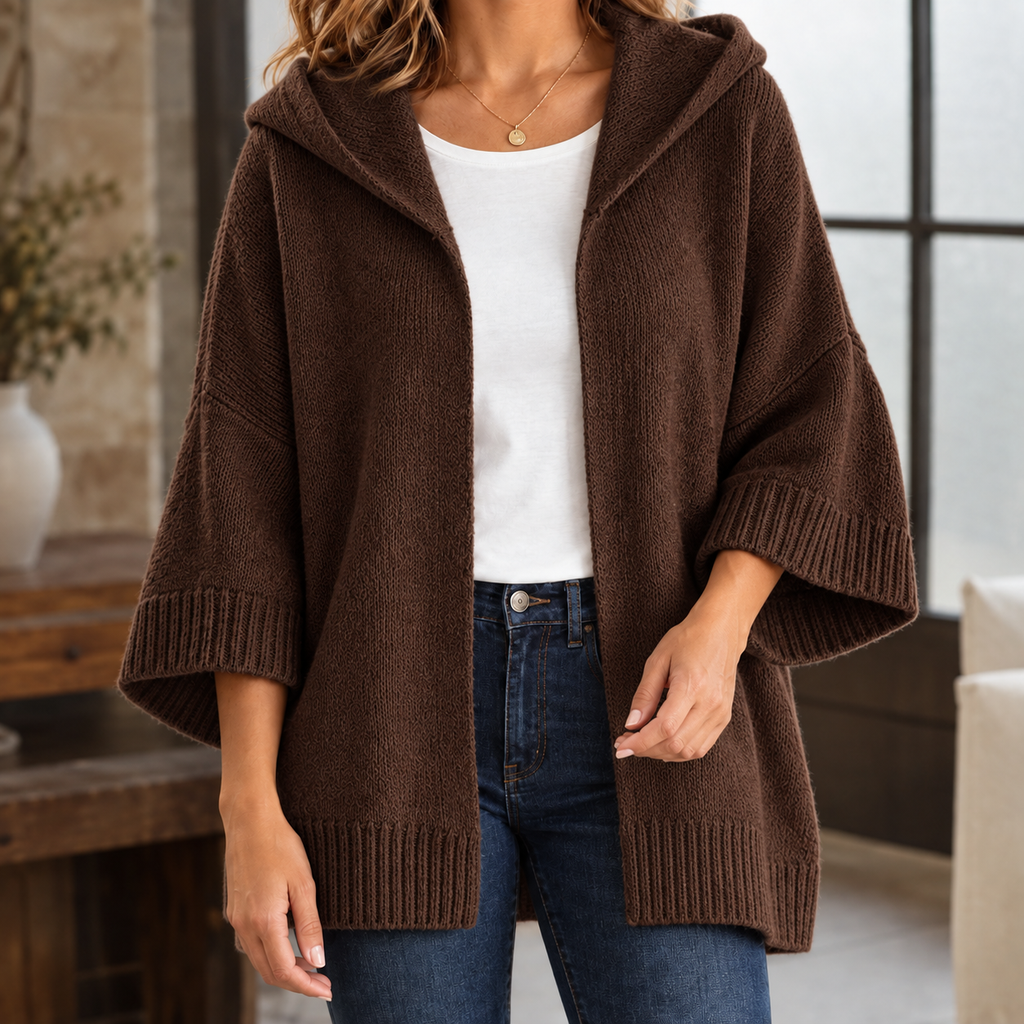 Women's Hooded Knit Cardigan with Wide Three-Quarter Sleeves, Brown, view 5