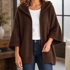 Women's Hooded Knit Cardigan with Wide Three-Quarter Sleeves, Brown, view 5