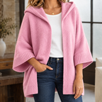 Women's Hooded Knit Cardigan with Wide Three-Quarter Sleeves, Pink, view 6
