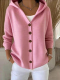 Women's Hooded Knit Cardigan with Wood-Tone Buttons and Pockets, Pink, view 1