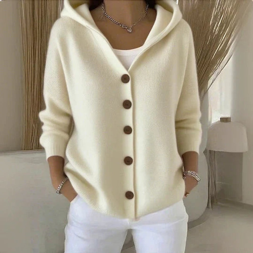 Women's Hooded Knit Cardigan with Wood-Tone Buttons and Pockets, Beige, view 2