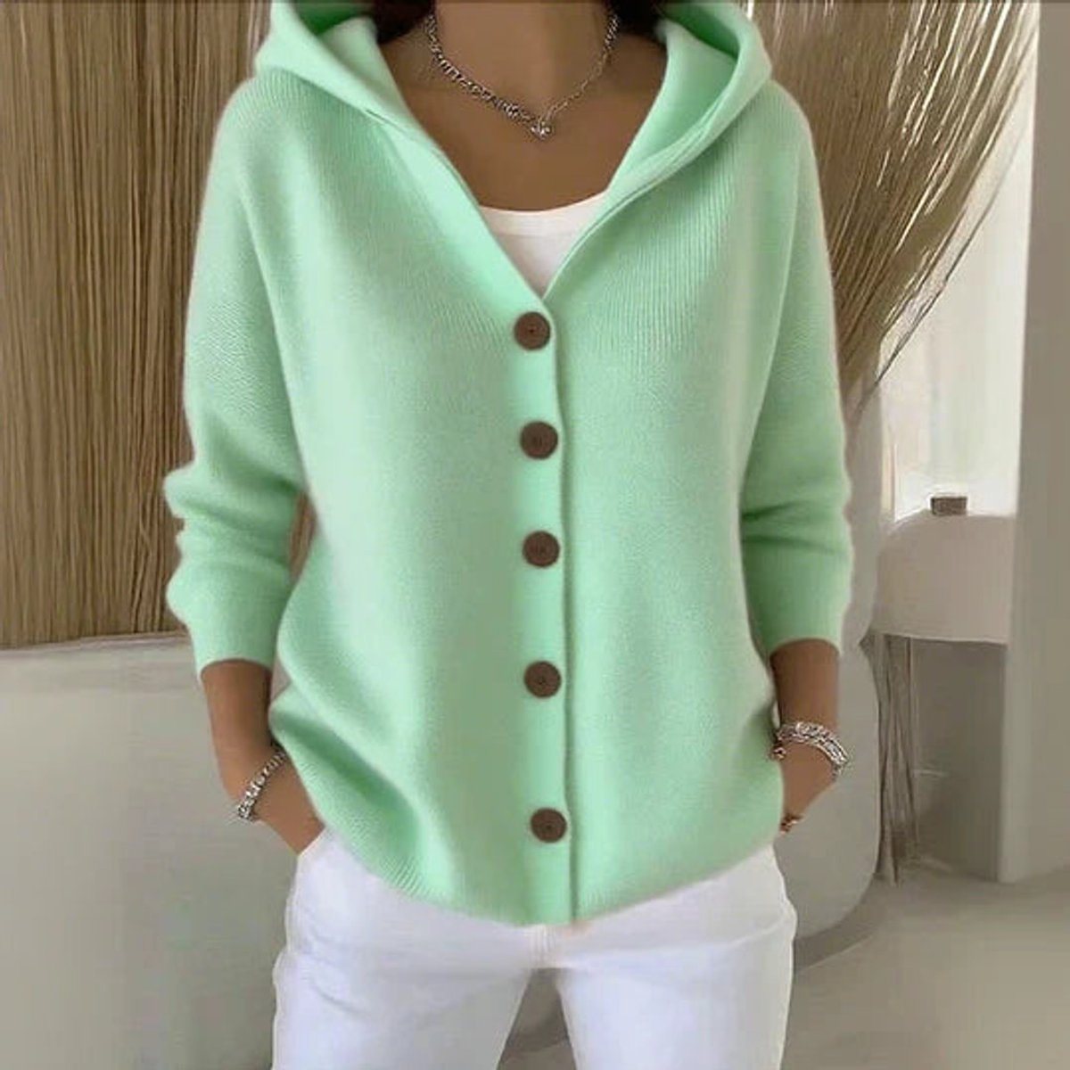 Women's Hooded Knit Cardigan with Wood-Tone Buttons and Pockets, Green, view 3