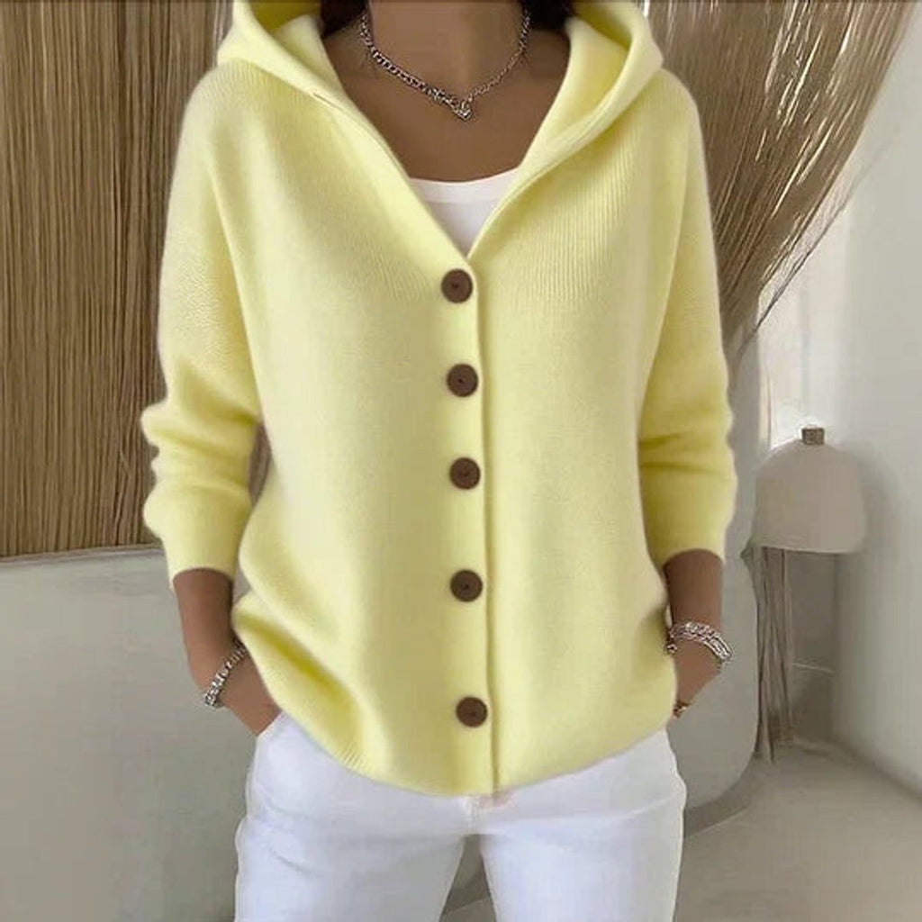Women's Hooded Knit Cardigan with Wood-Tone Buttons and Pockets, Yellow, view 4