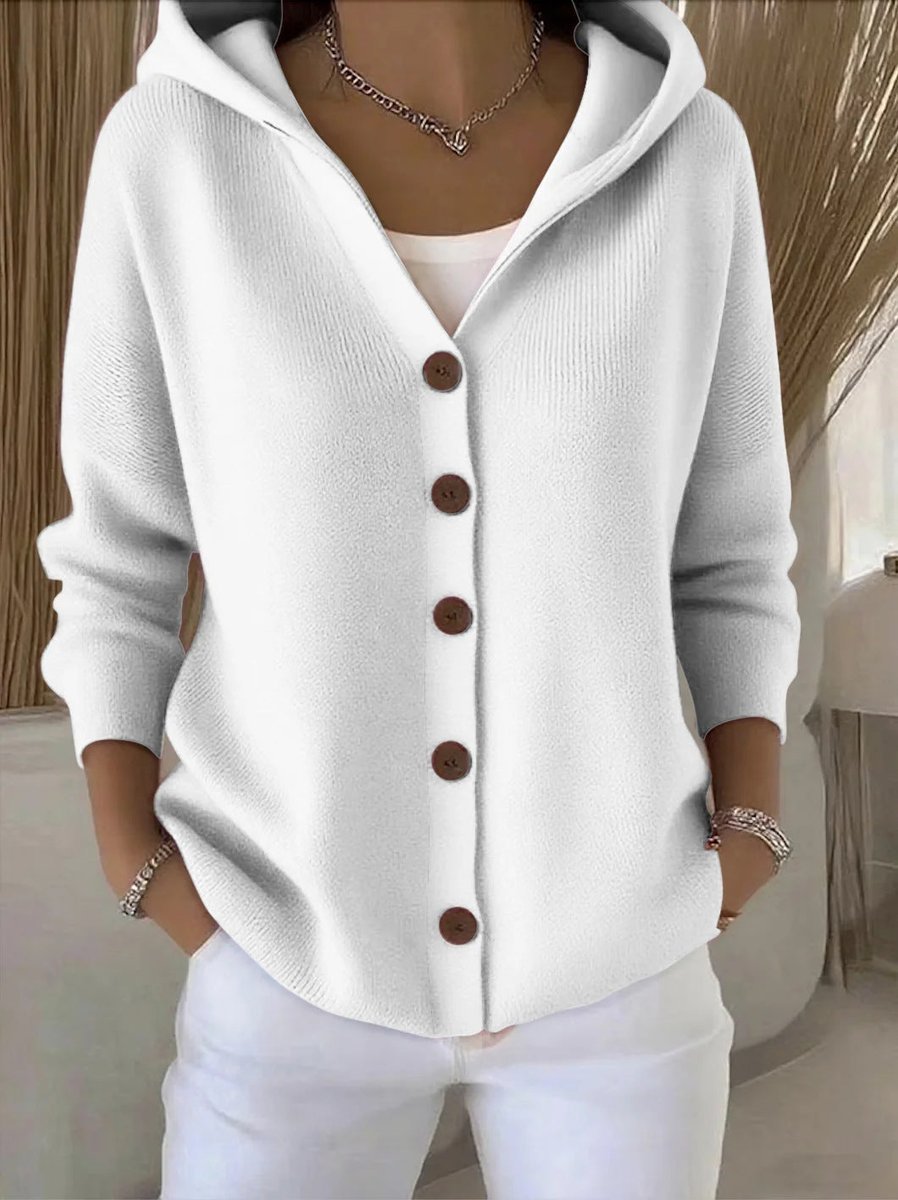 Women's Hooded Knit Cardigan with Wood-Tone Buttons and Pockets, White, view 5