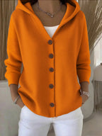Women's Hooded Knit Cardigan with Wood-Tone Buttons and Pockets, Orange, view 6
