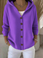 Women's Hooded Knit Cardigan with Wood-Tone Buttons and Pockets, Purple, view 7